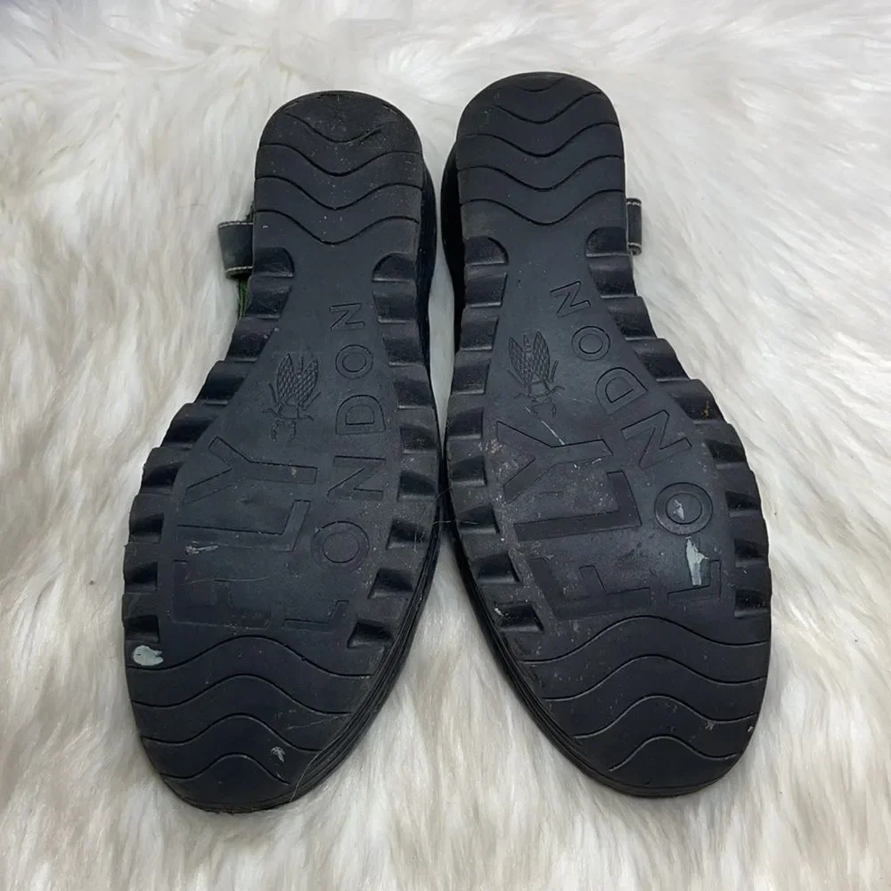 Fly London Black Matte Leather Wedge Sandals‎ Sz 40